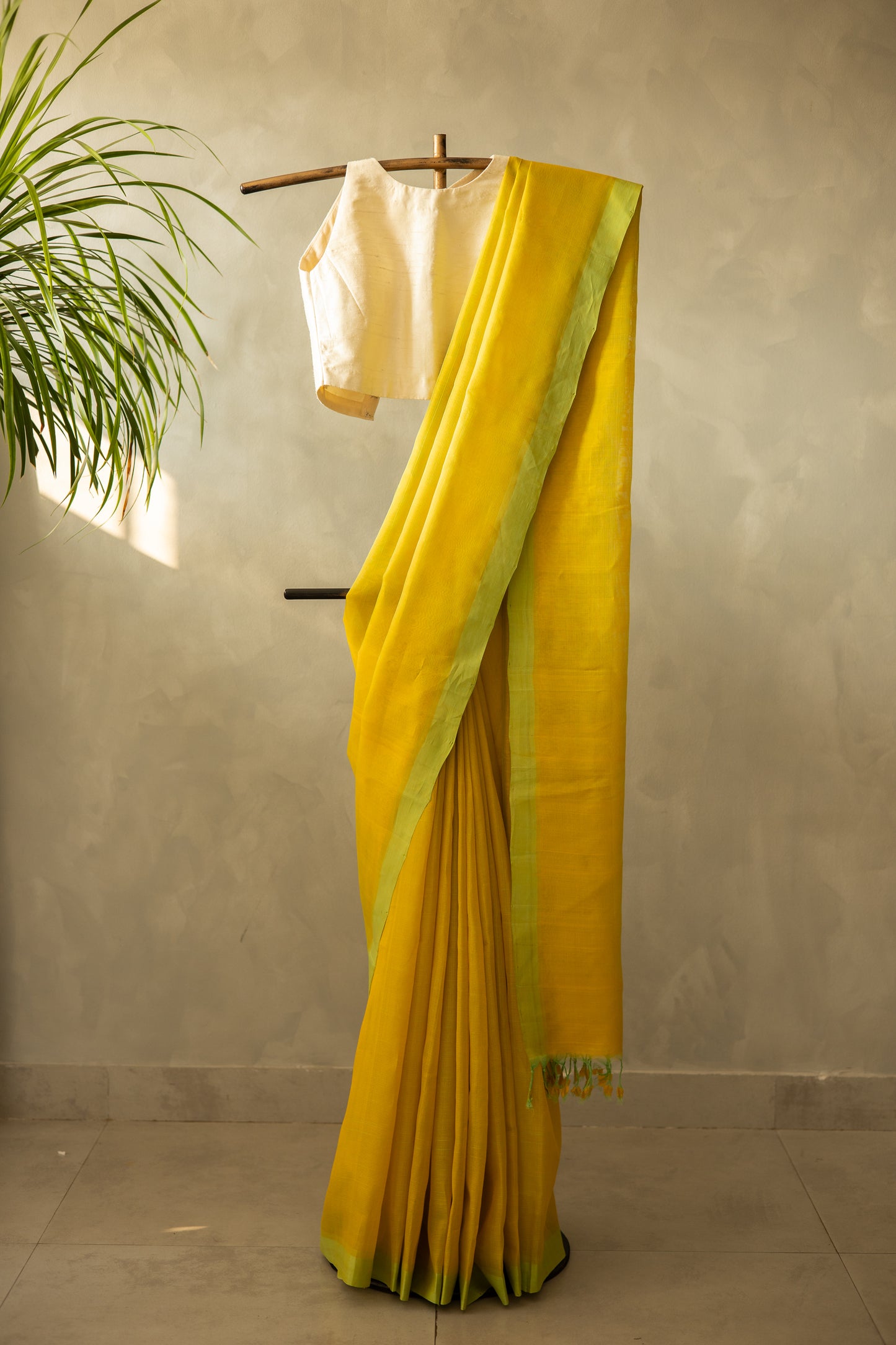 Yellow with Green Border Mangalagiri Silk Cotton Saree