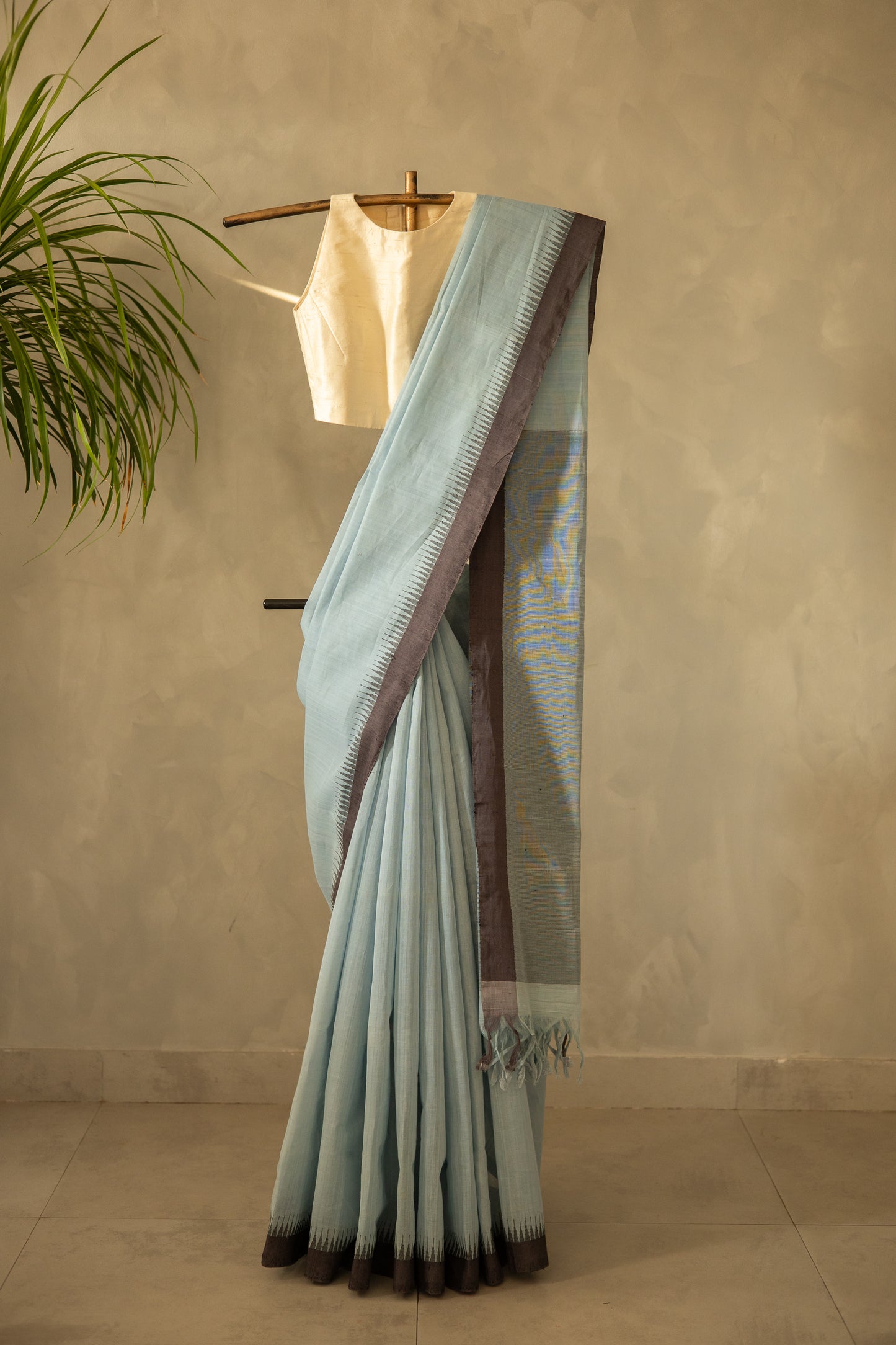 Powder Blue Mangalagiri Cotton with Dark Grey Border and Stripped Pallu Saree