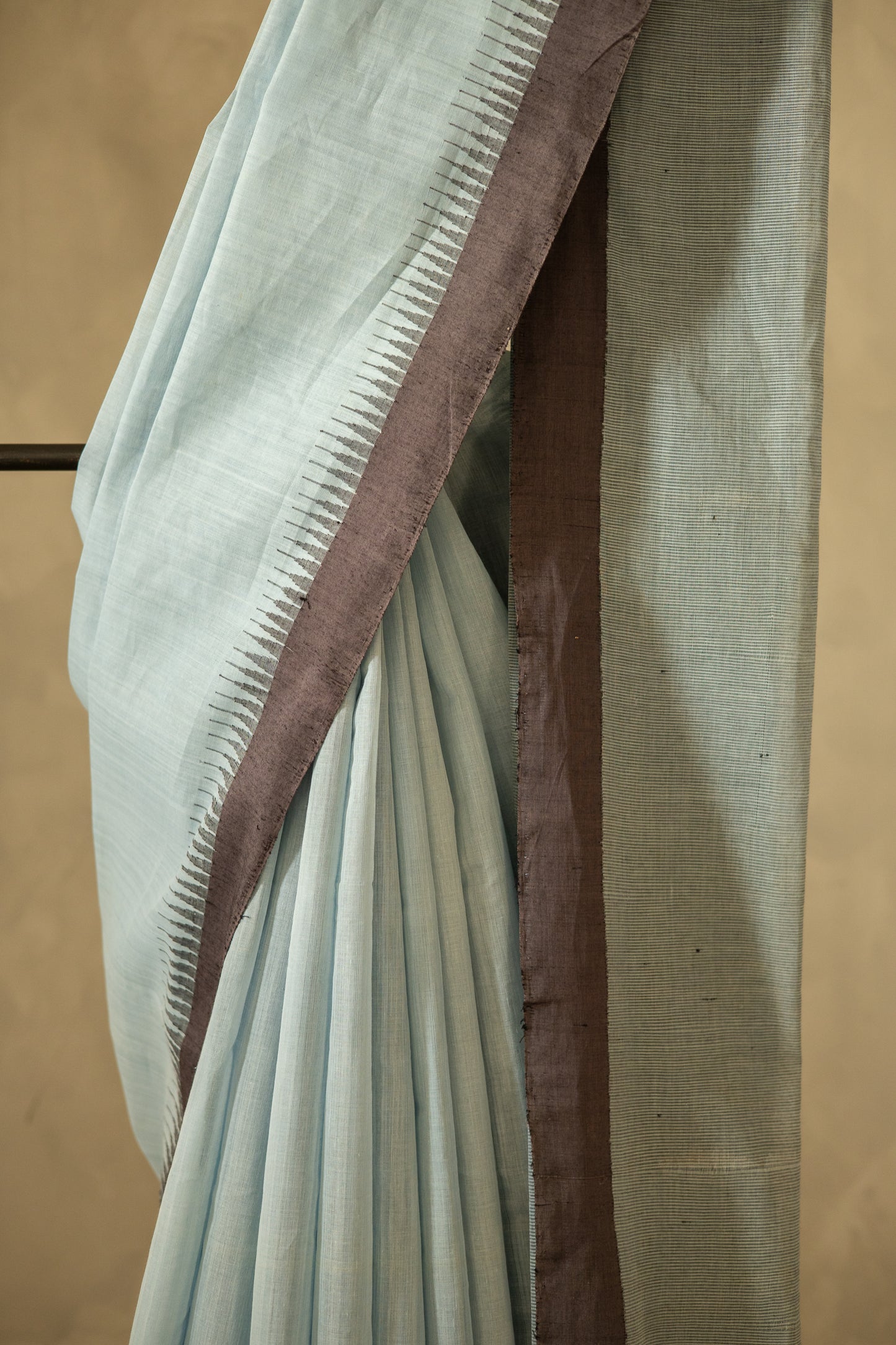 Powder Blue Mangalagiri Cotton with Dark Grey Border and Stripped Pallu Saree