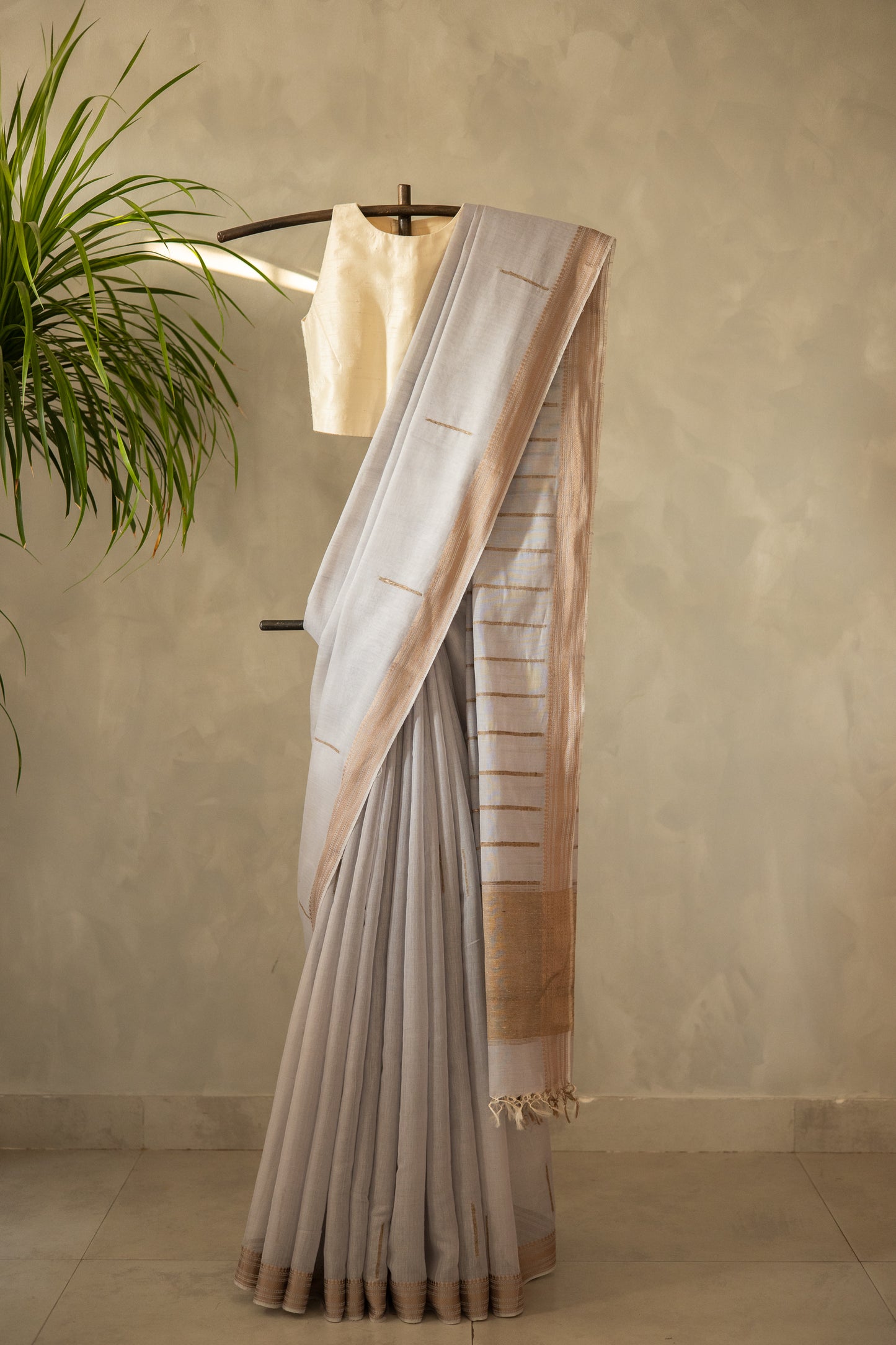 Grey Silk Cotton Saree with Random Khapa Striped Saree