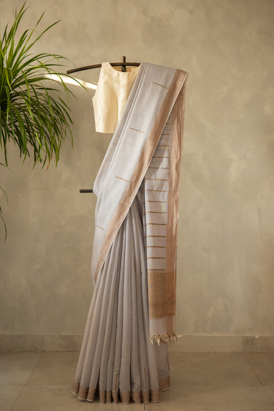 Grey Silk Cotton Saree with Random Khapa Striped Saree