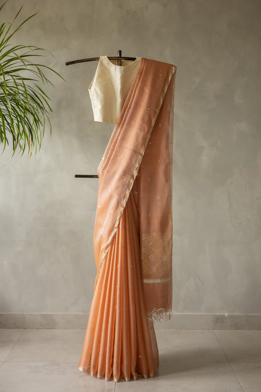 Light Brown Silk Cotton Autum Leaf Motif Saree