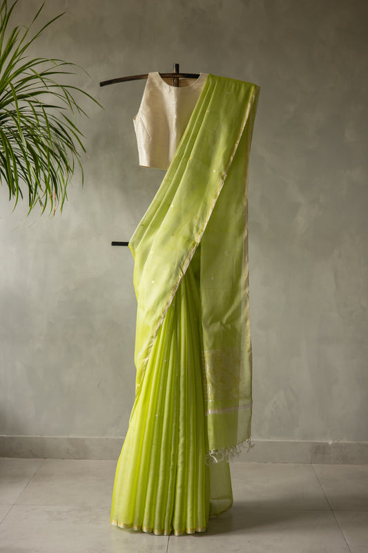 Green Silk Cotton Autum Leaf Motif Saree