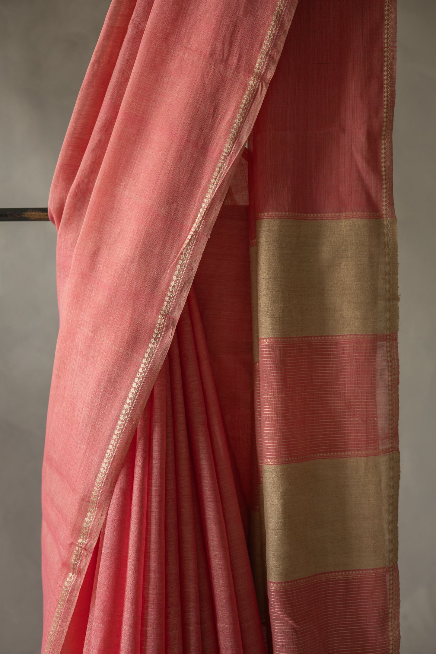 Salmon Pink Cotton with Beige Stripe Pallu Saree