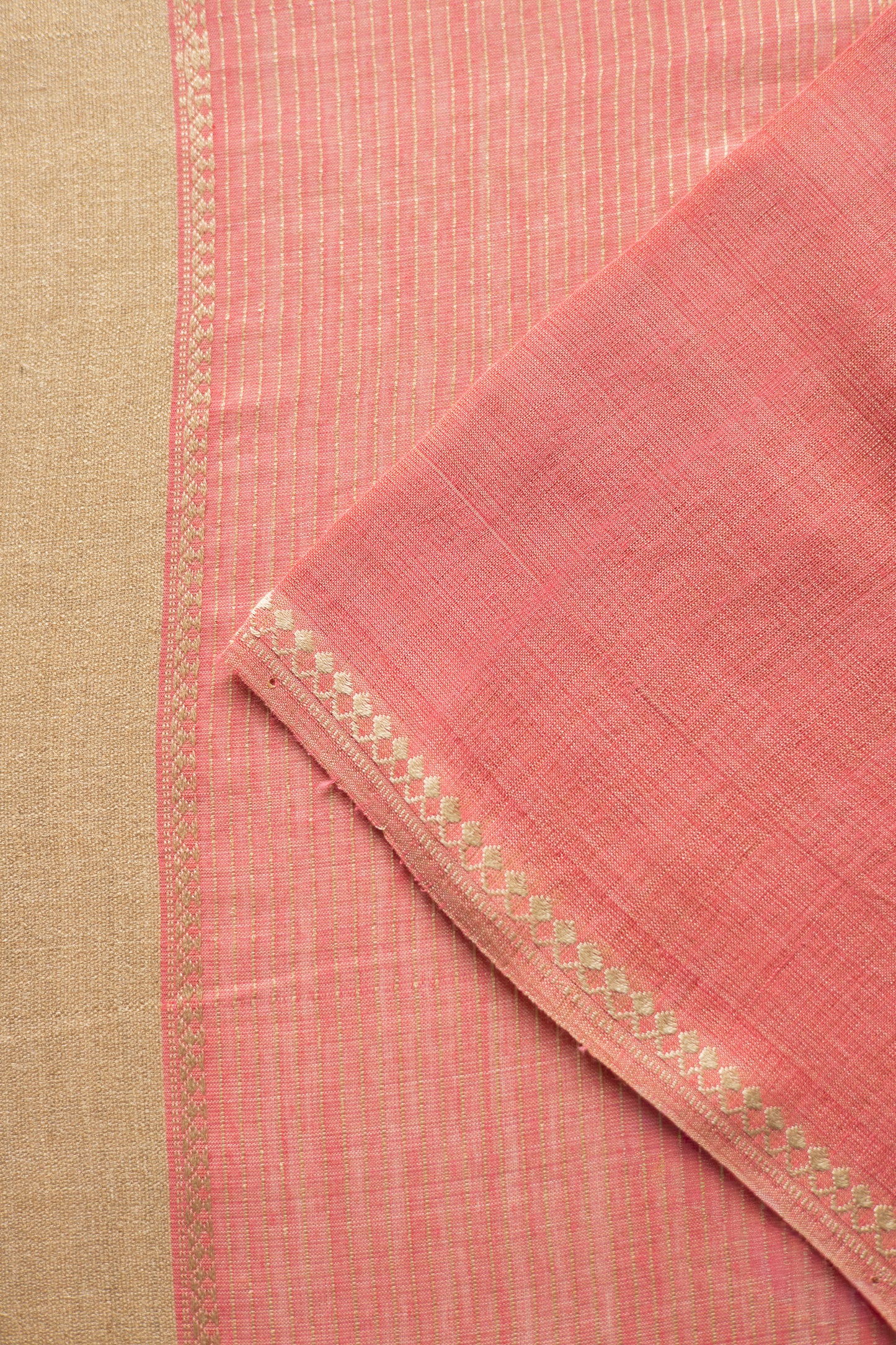 Salmon Pink Cotton with Beige Stripe Pallu Saree