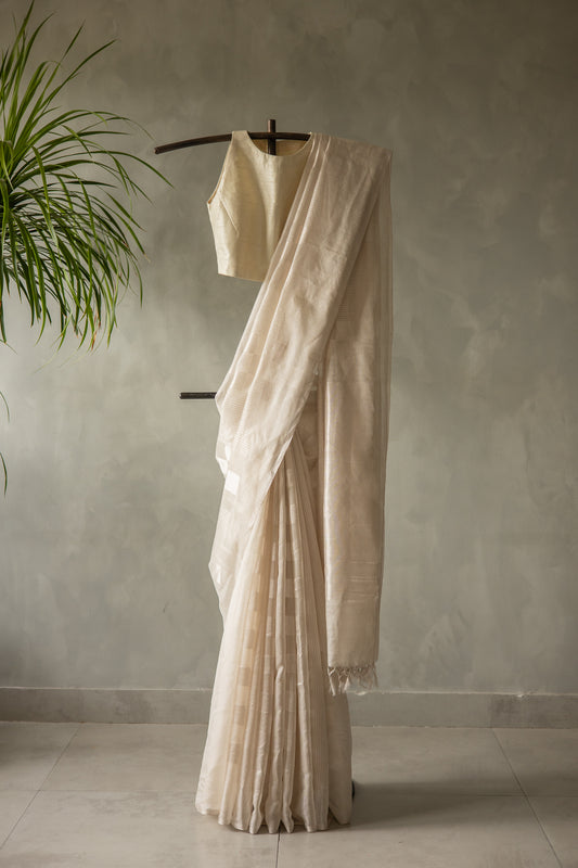 Silver Silk Cotton All Over Zari Striped and Zari Boxes Body Saree