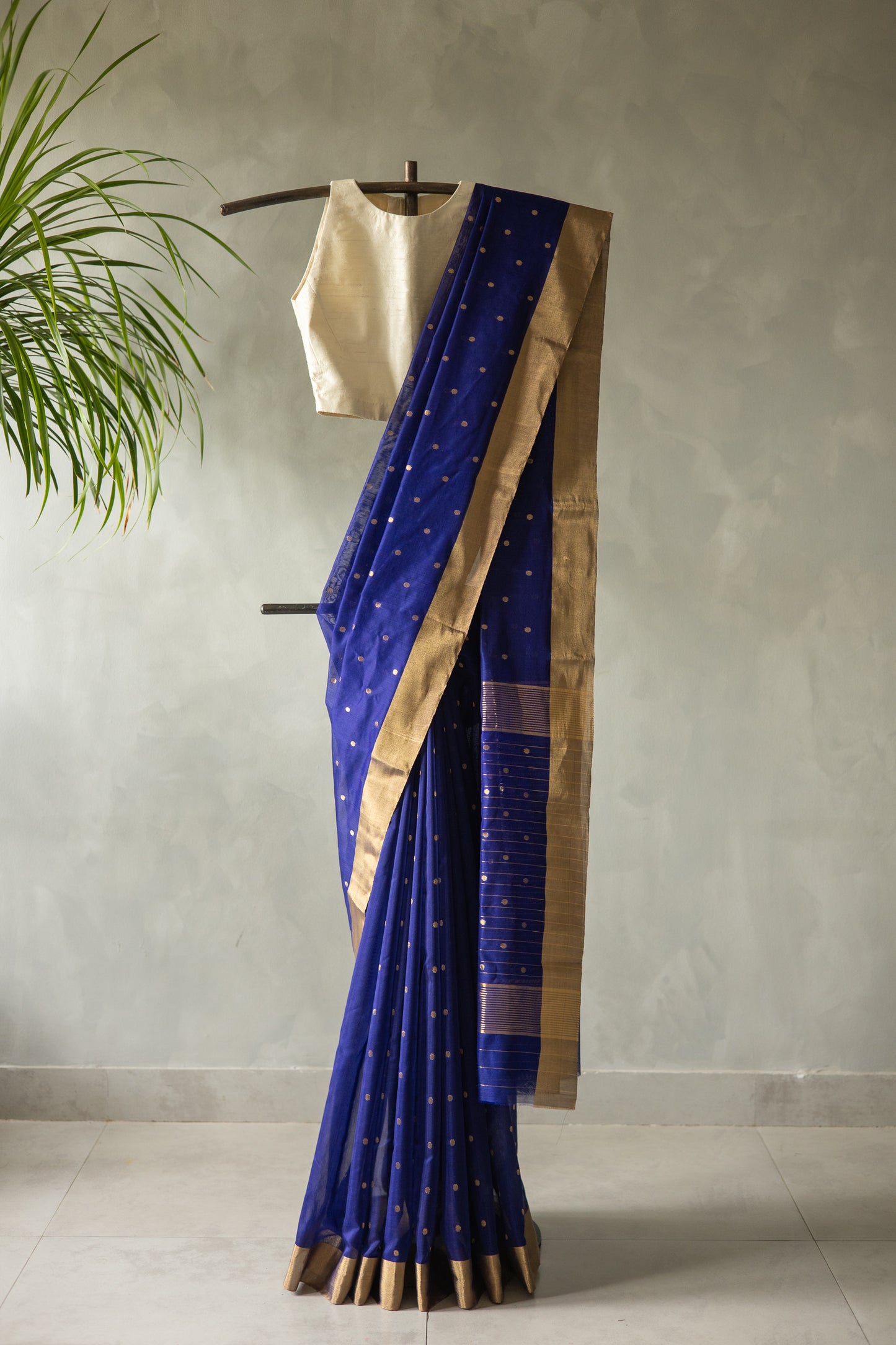 Dark Blue Chanderi Silk with Round Motif with Striped Pallu Saree