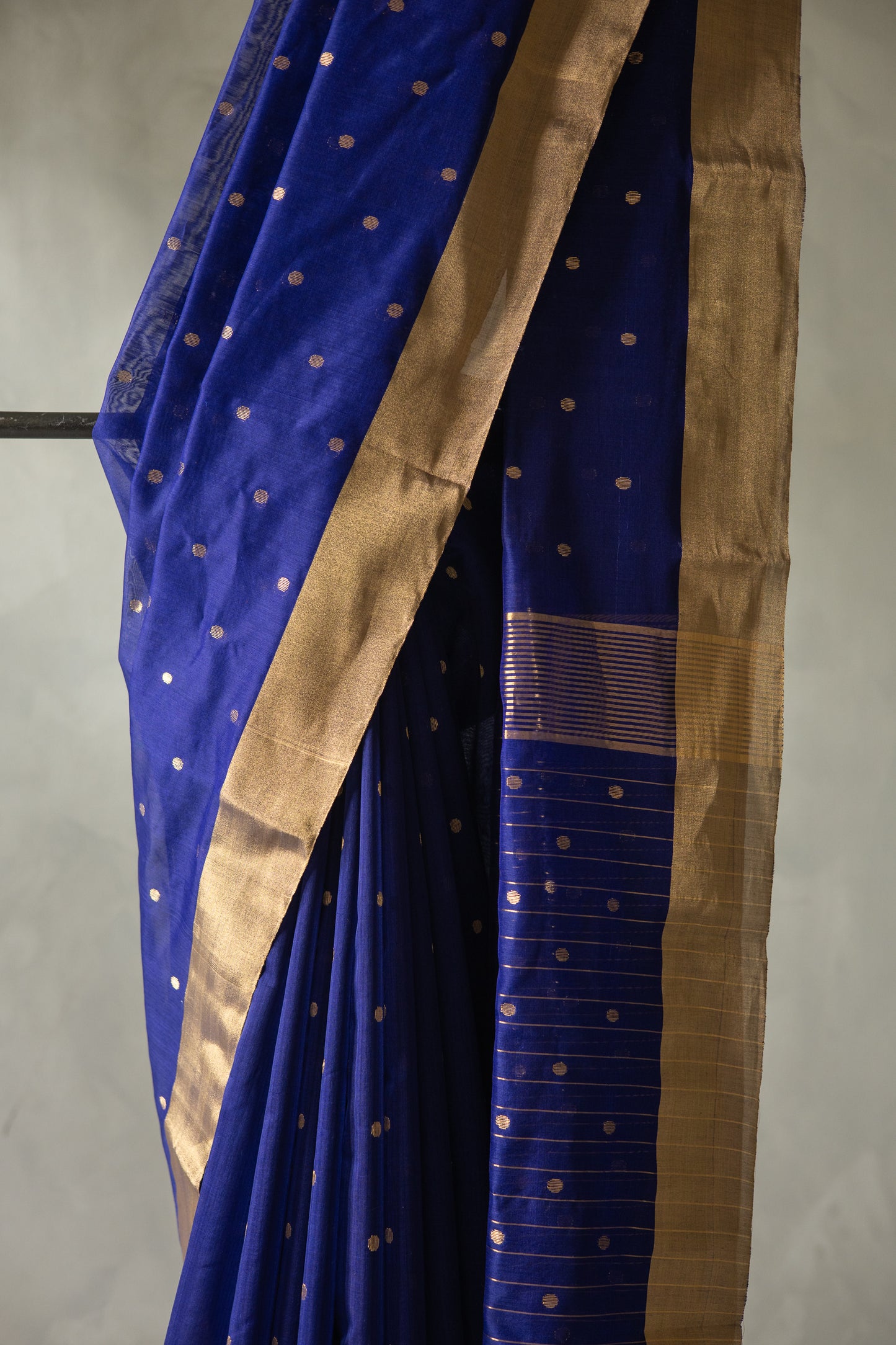 Dark Blue Chanderi Silk with Round Motif with Striped Pallu Saree