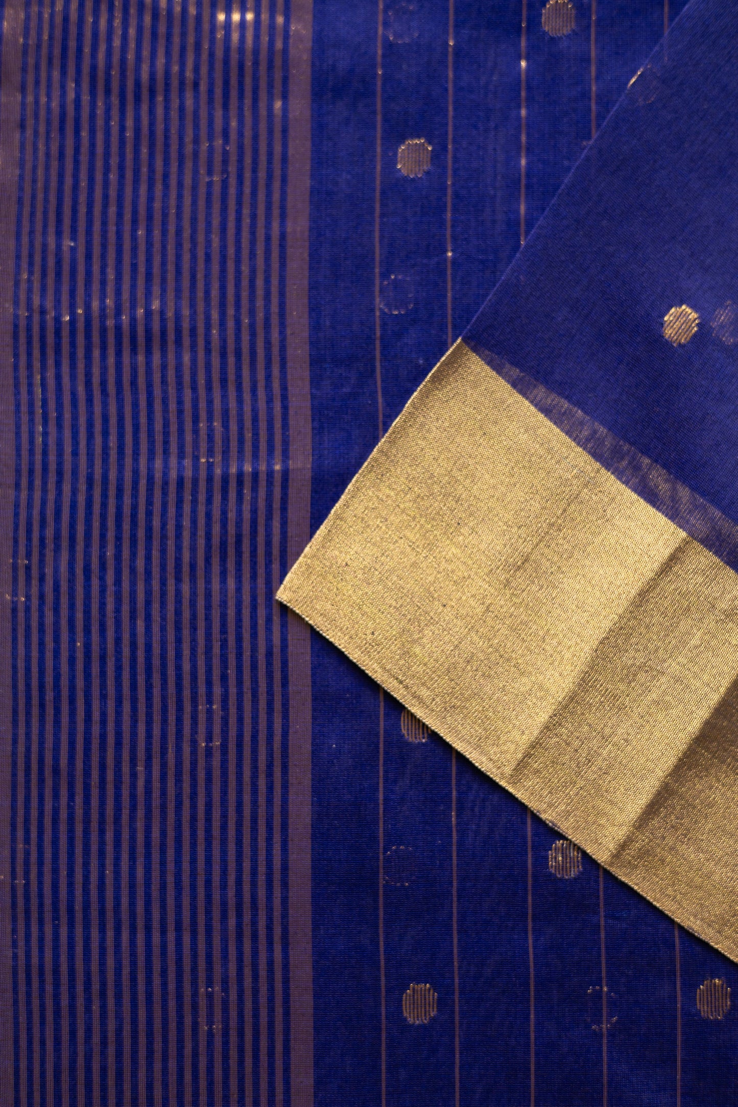 Dark Blue Chanderi Silk with Round Motif with Striped Pallu Saree
