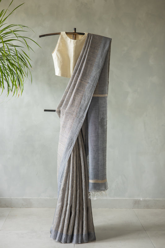 Grey Linen Cotton with Dark Grey Border and Pallu Saree