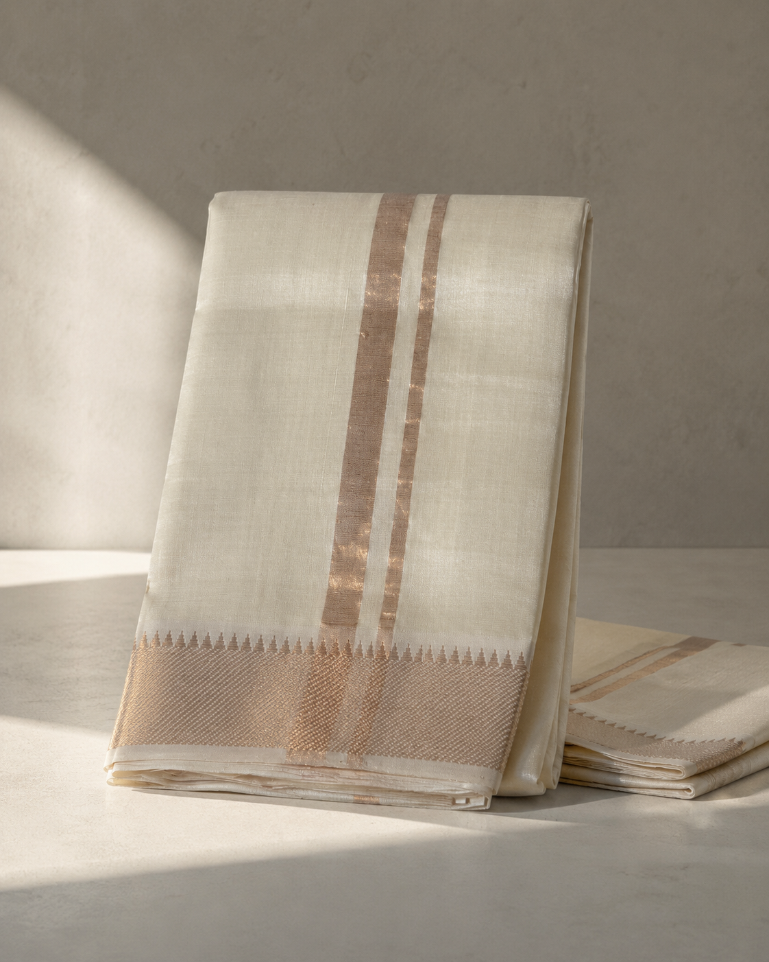 Ivory Mangalagiri Silk by Cotton Vesti Set with Gold Zari Border