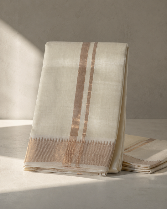 Ivory Mangalagiri Silk by Cotton Vesti Set with Gold Zari Border