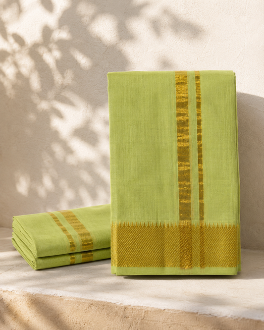 Tender Green Mangalagiri Silk by Cotton Vesti Set with Golden Zari Border