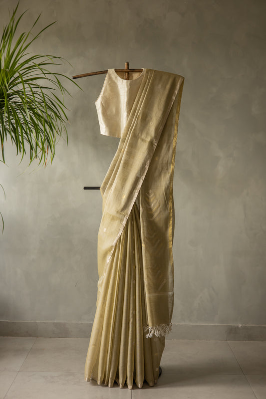 Beige Silk Cotton All Over Polka Bengal Jala Pallu Saree