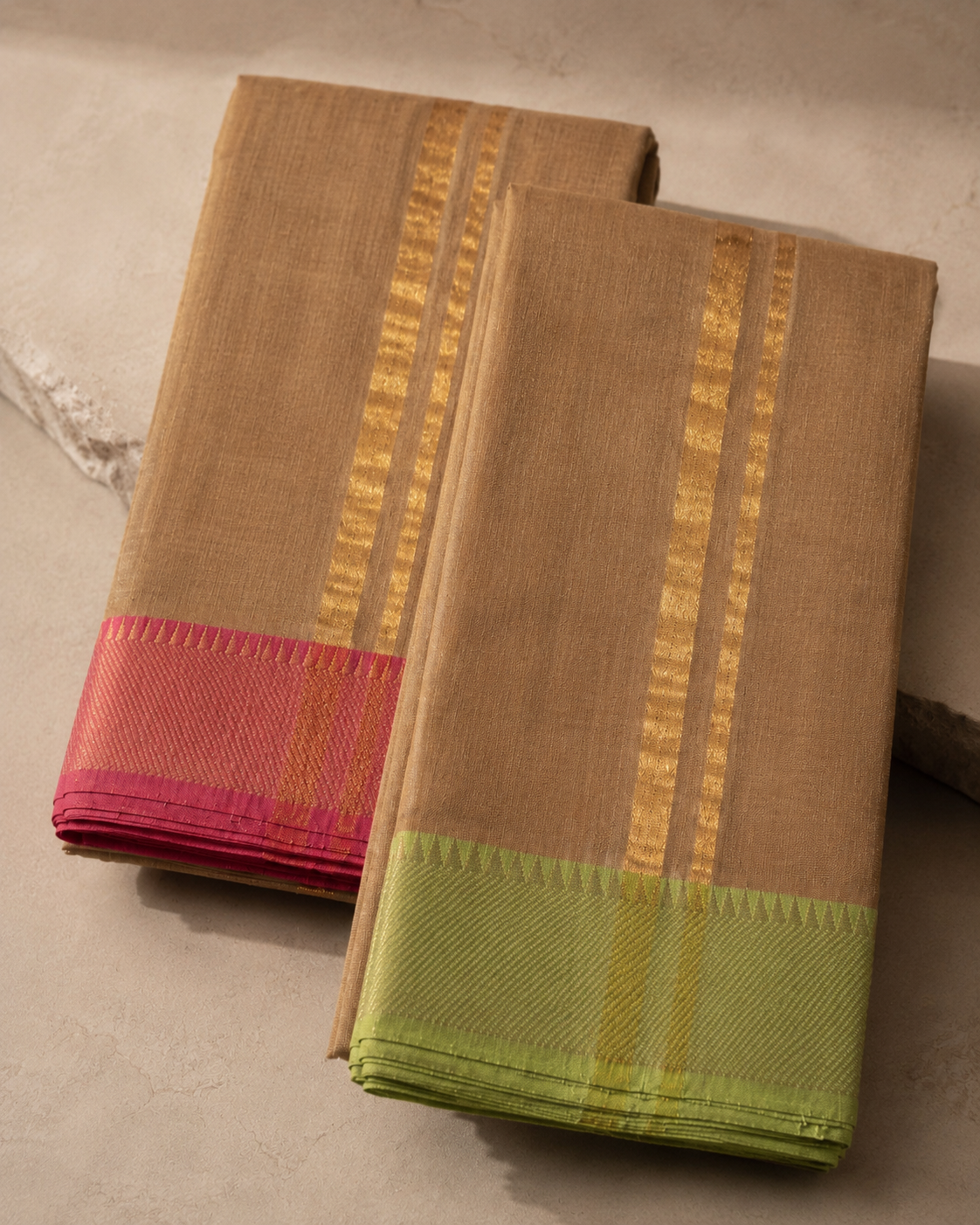 Sandal Color Mangalagiri Silk by Cotton Veshti Set with Gold Zari Border