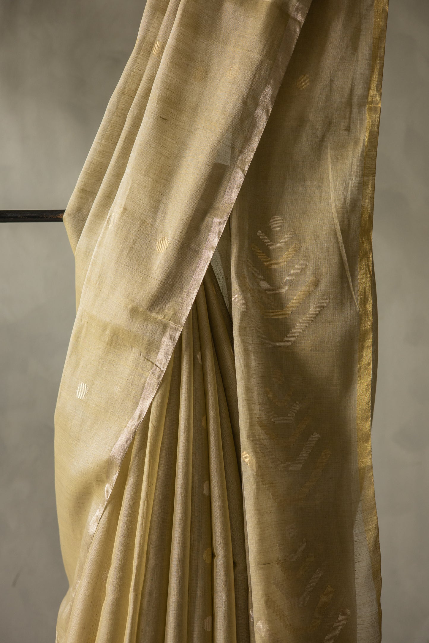 Beige Silk Cotton All Over Polka Bengal Jala Pallu Saree