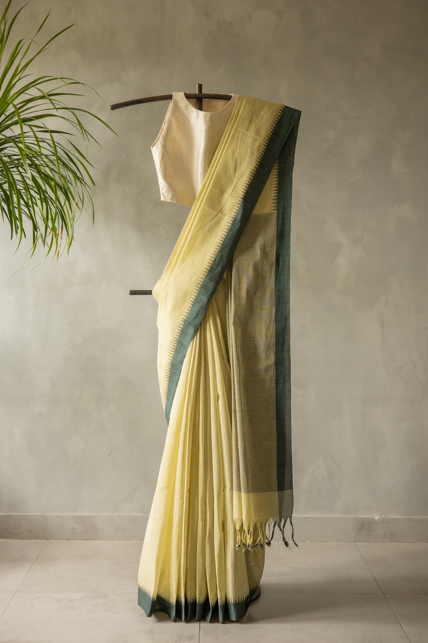 Pale Yellow Mangalagiri Cotton with Dark Green Border and Stripped Pallu Saree