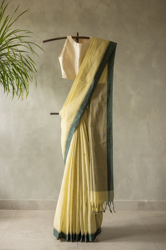 Pale Yellow Mangalagiri Cotton with Dark Green Border and Stripped Pallu Saree