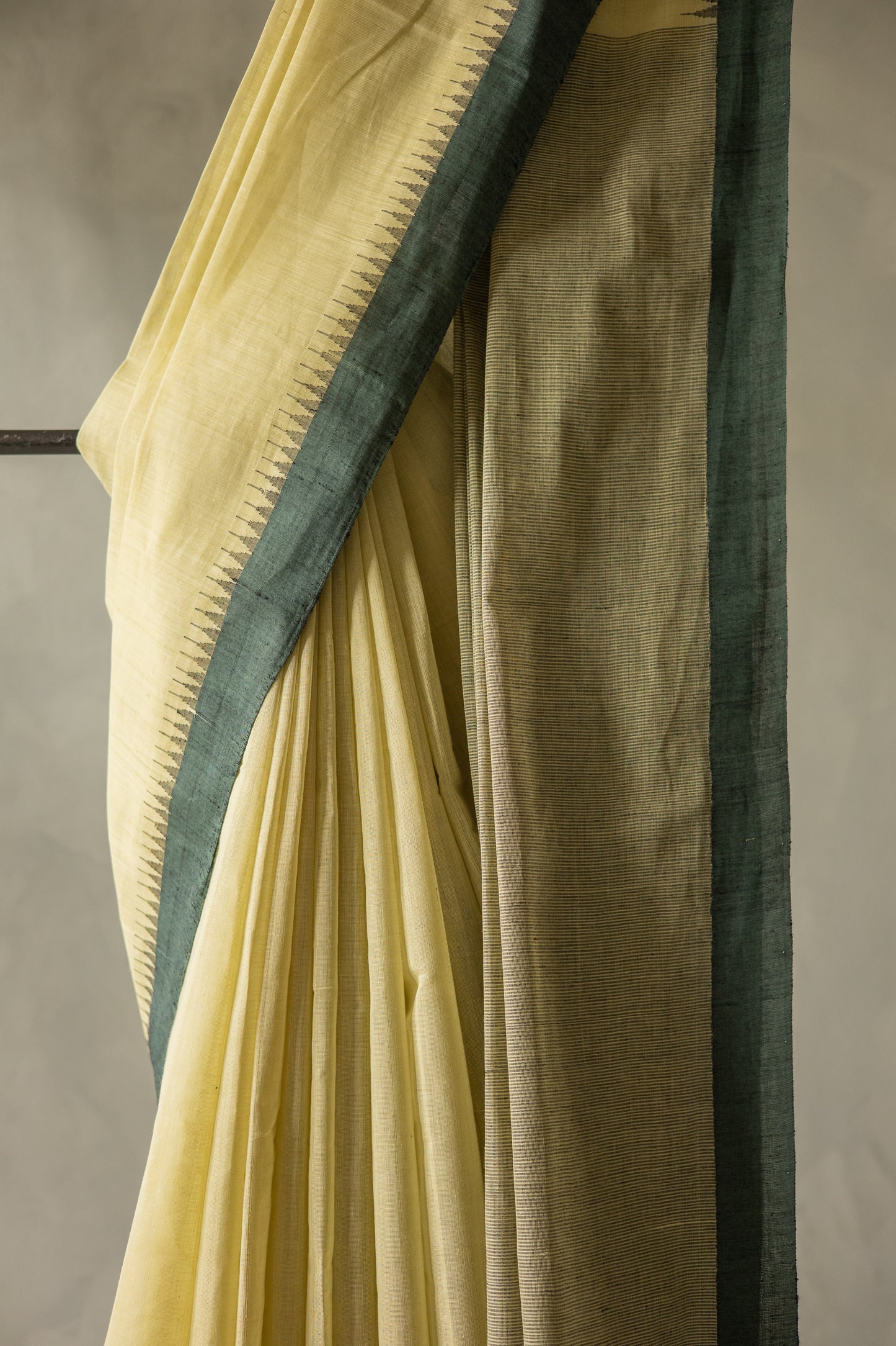 Pale Yellow Mangalagiri Cotton with Dark Green Border and Stripped Pallu Saree
