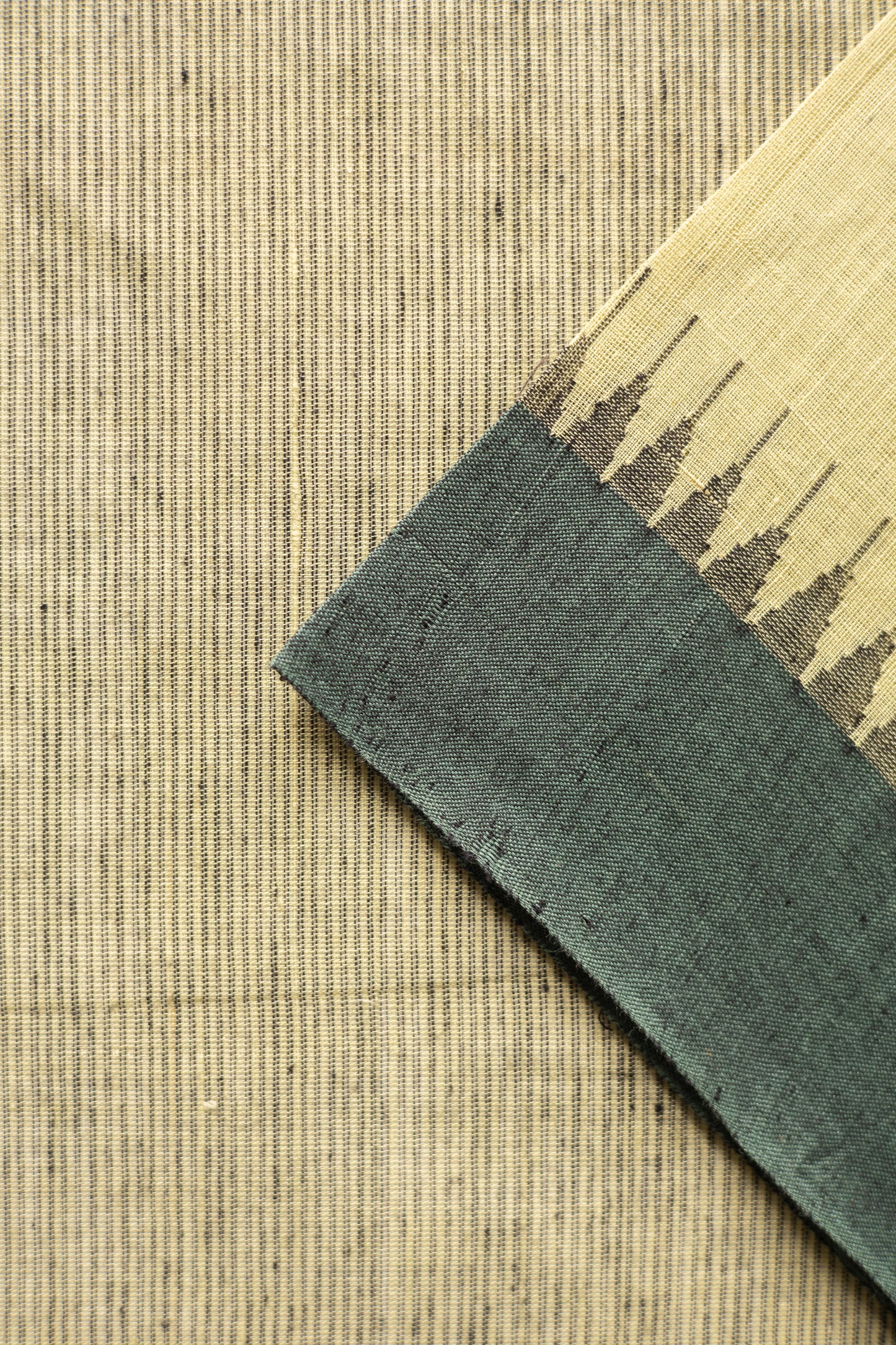 Pale Yellow Mangalagiri Cotton with Dark Green Border and Stripped Pallu Saree