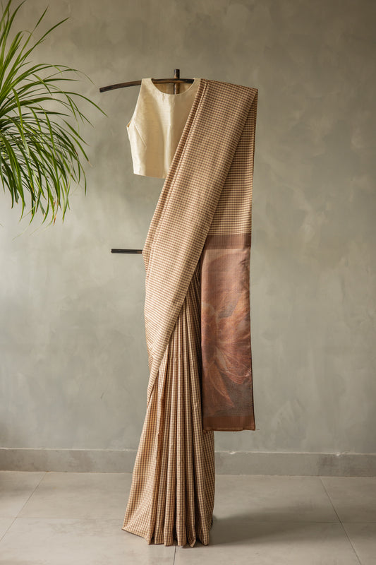 Traditional Brown and White All Over Small Checks with a contemporary Twill weave flower design Pallu Kanjivaram Silk Saree