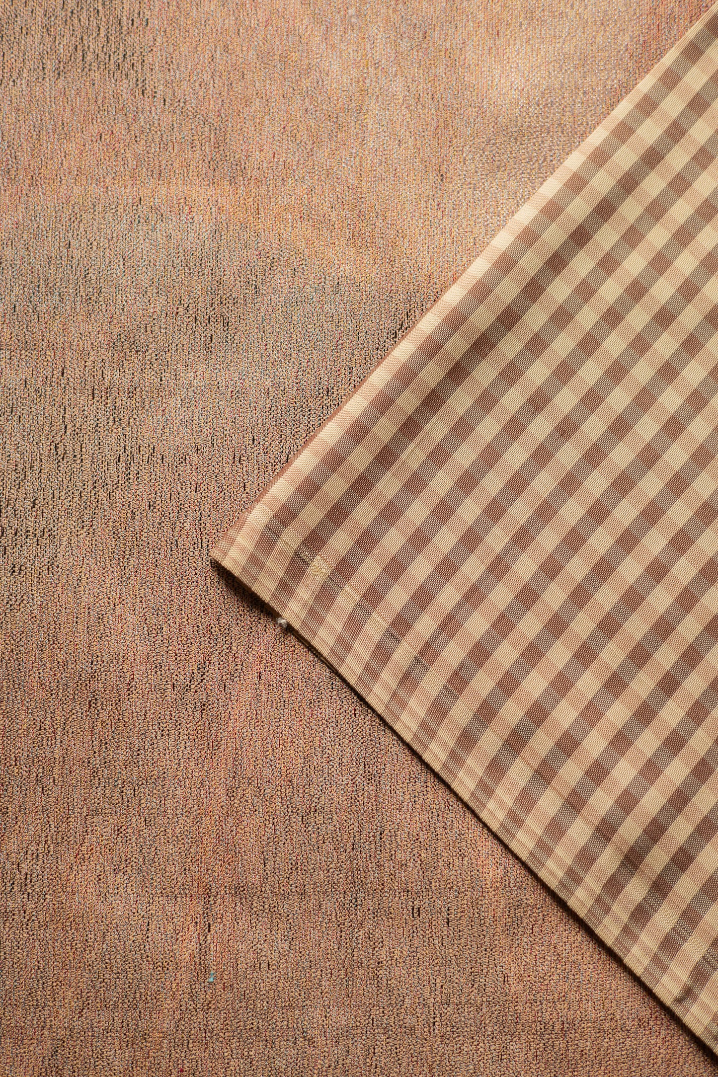 Traditional Brown and White All Over Small Checks with a contemporary Twill weave flower design Pallu Kanjivaram Silk Saree