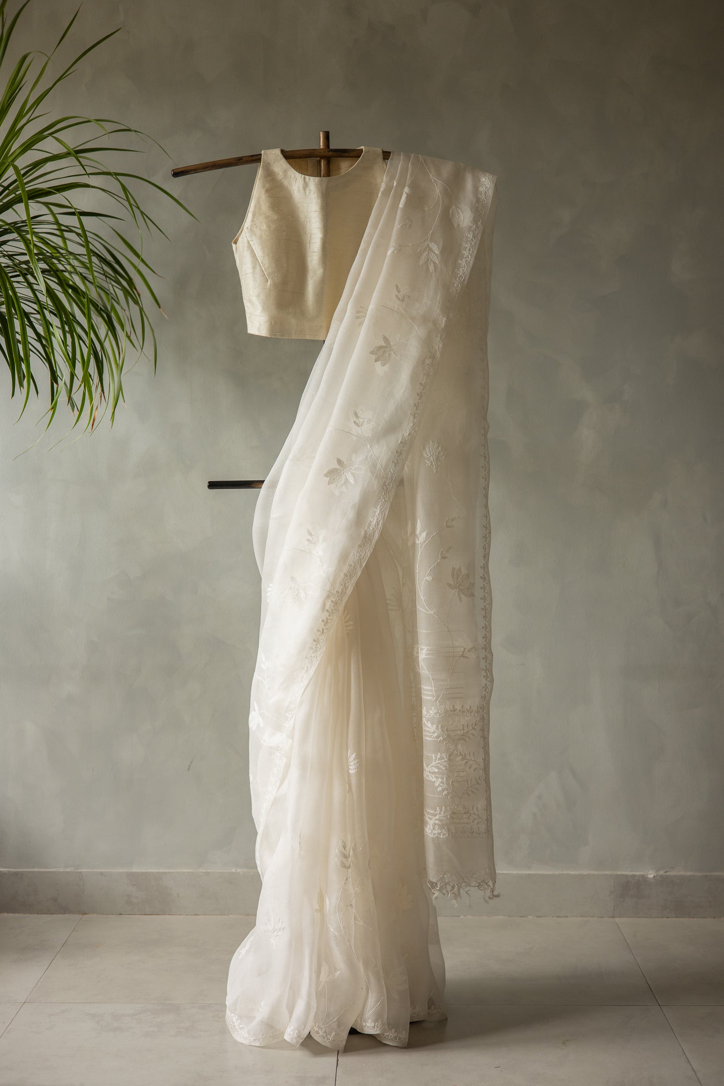 White Leno Silk Organza with Self Thread Embroidery Saree