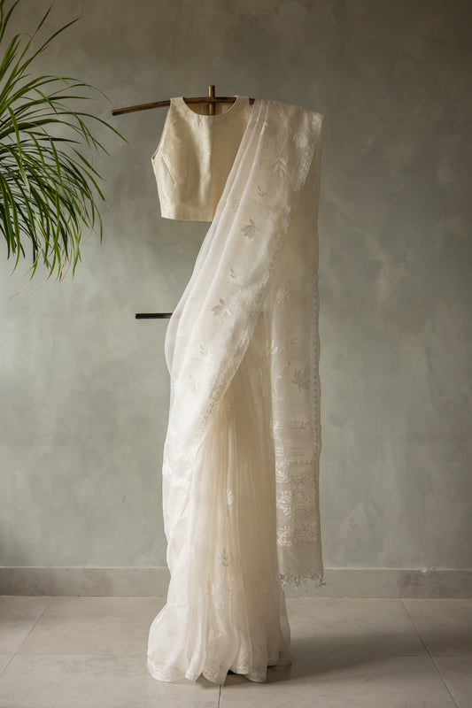 White Leno Silk Organza with Self Thread Embroidery Saree