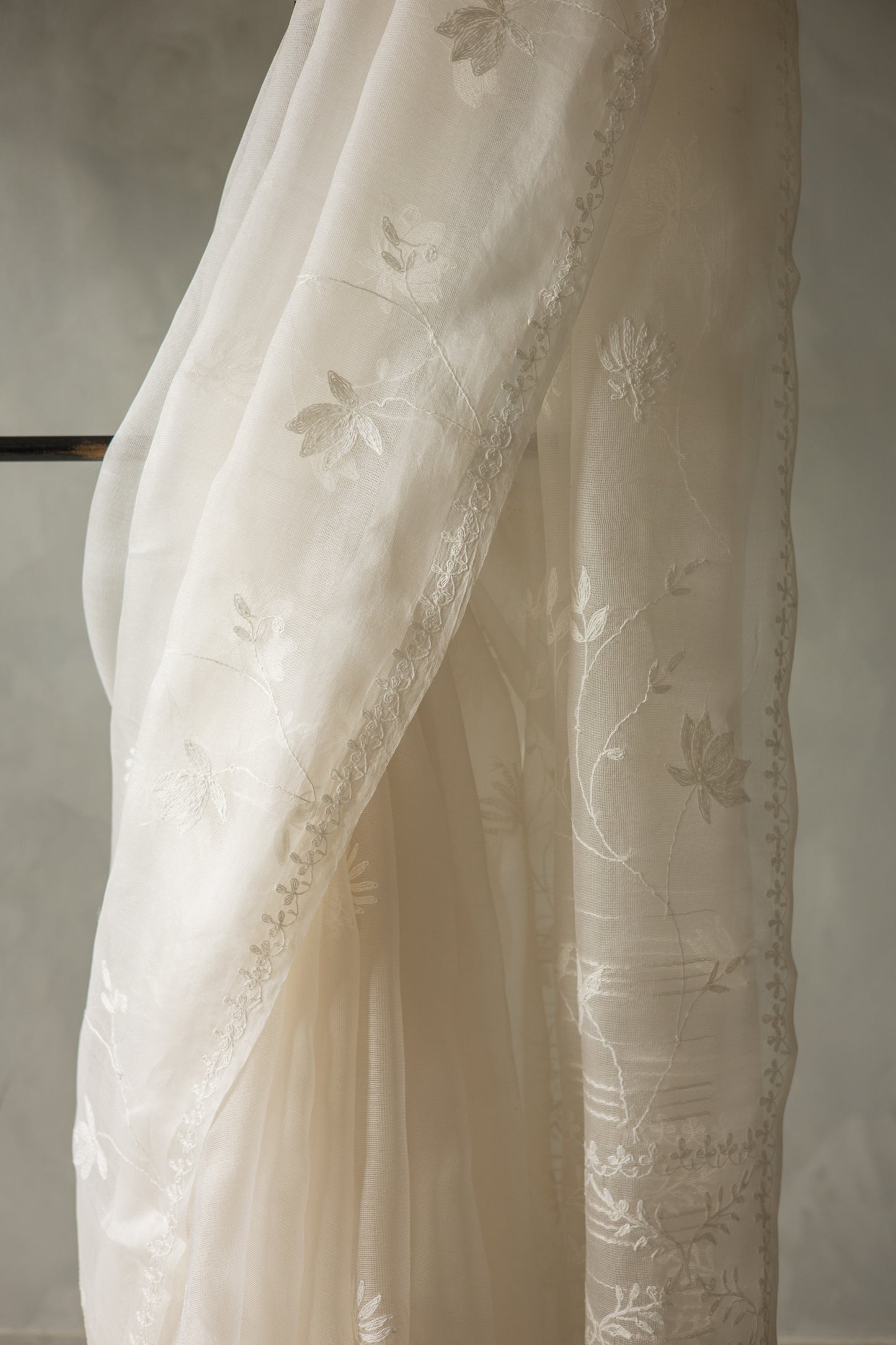 White Leno Silk Organza with Self Thread Embroidery Saree