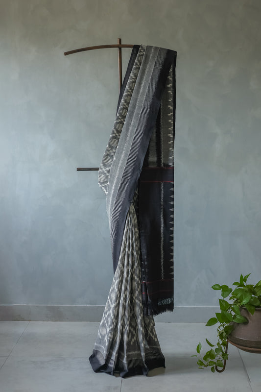 Grey Ikat Cotton with Black Border Saree