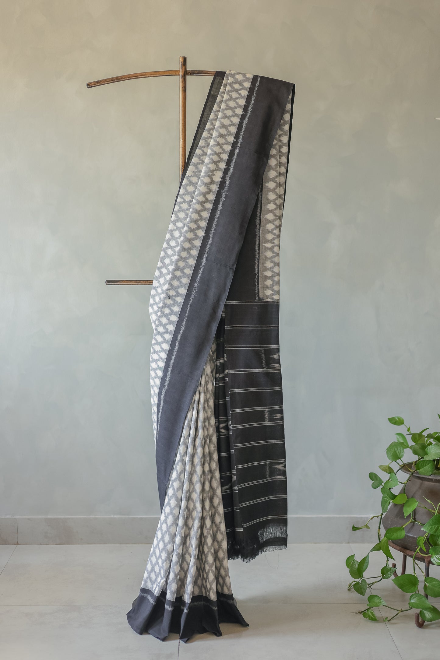 Grey and White Ikat with Black Border Saree