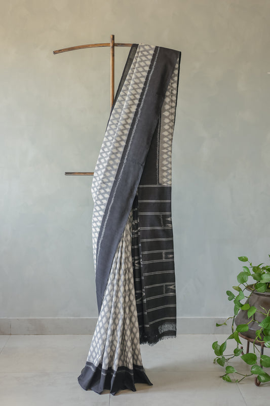 Grey and White Ikat with Black Border Saree