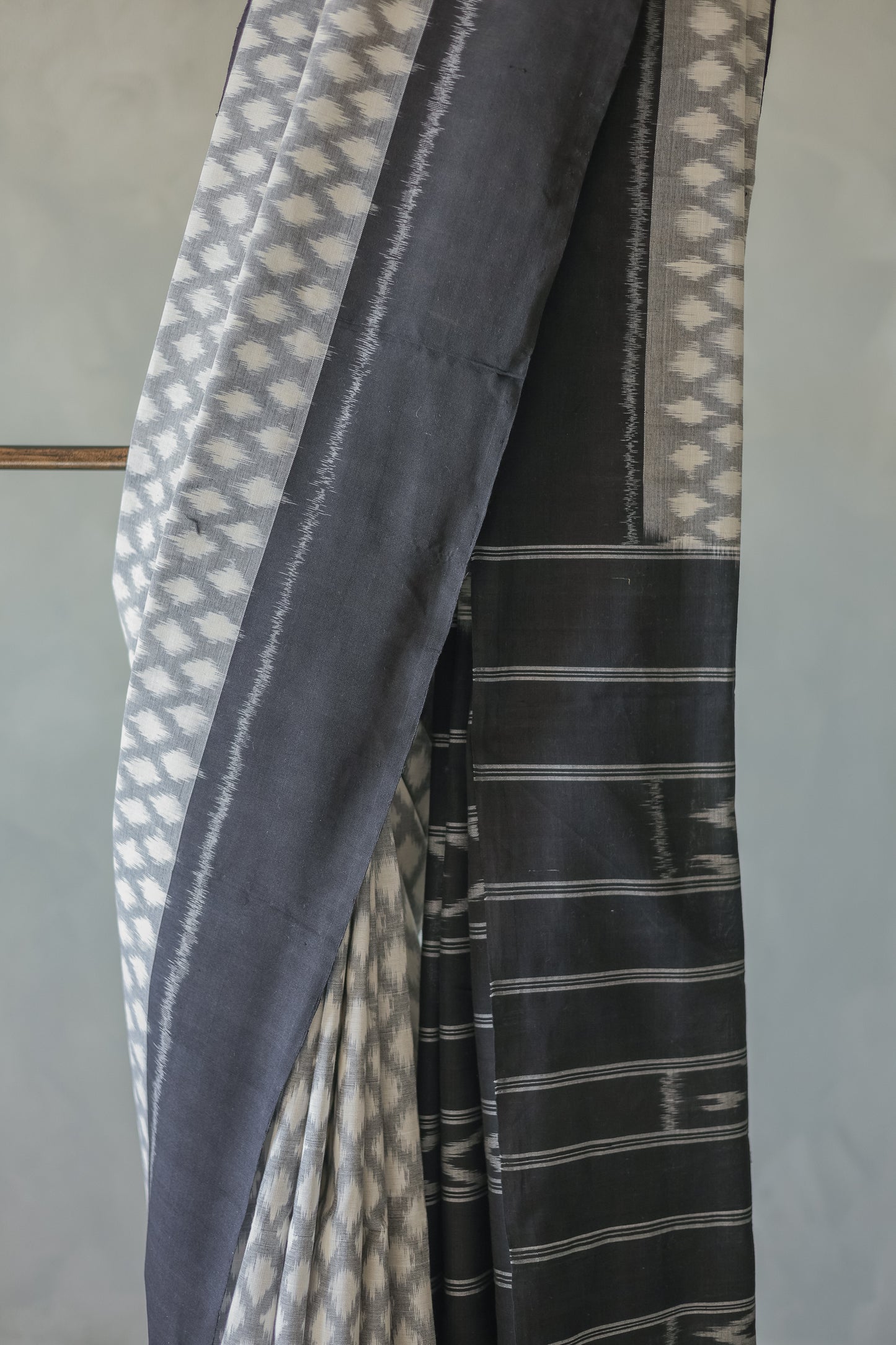 Grey and White Ikat with Black Border Saree