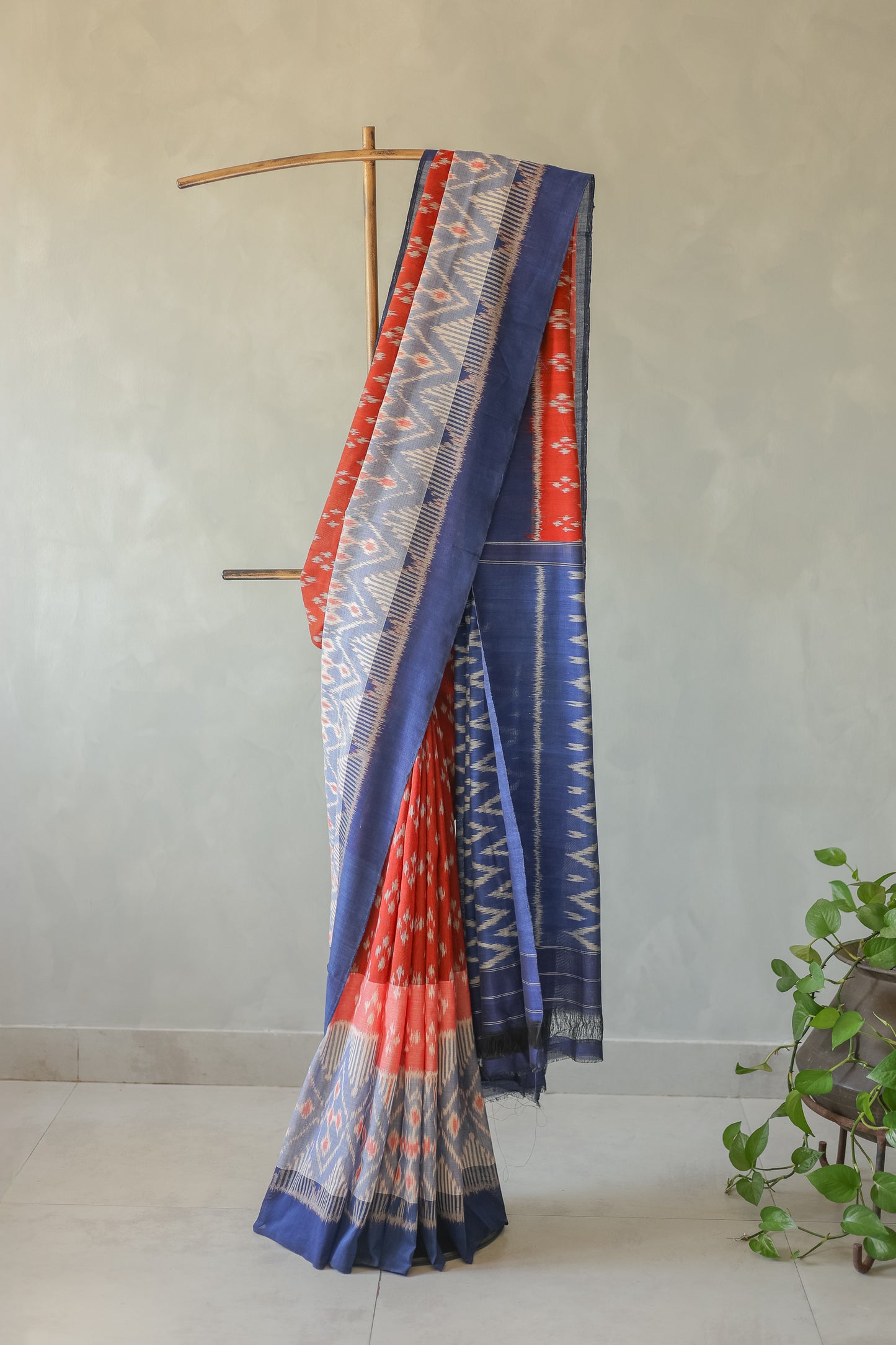 Orange and Blue Ikat Cotton with Blue Border Saree