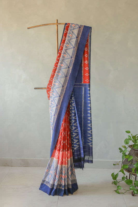 Orange and Blue Ikat Cotton with Blue Border Saree