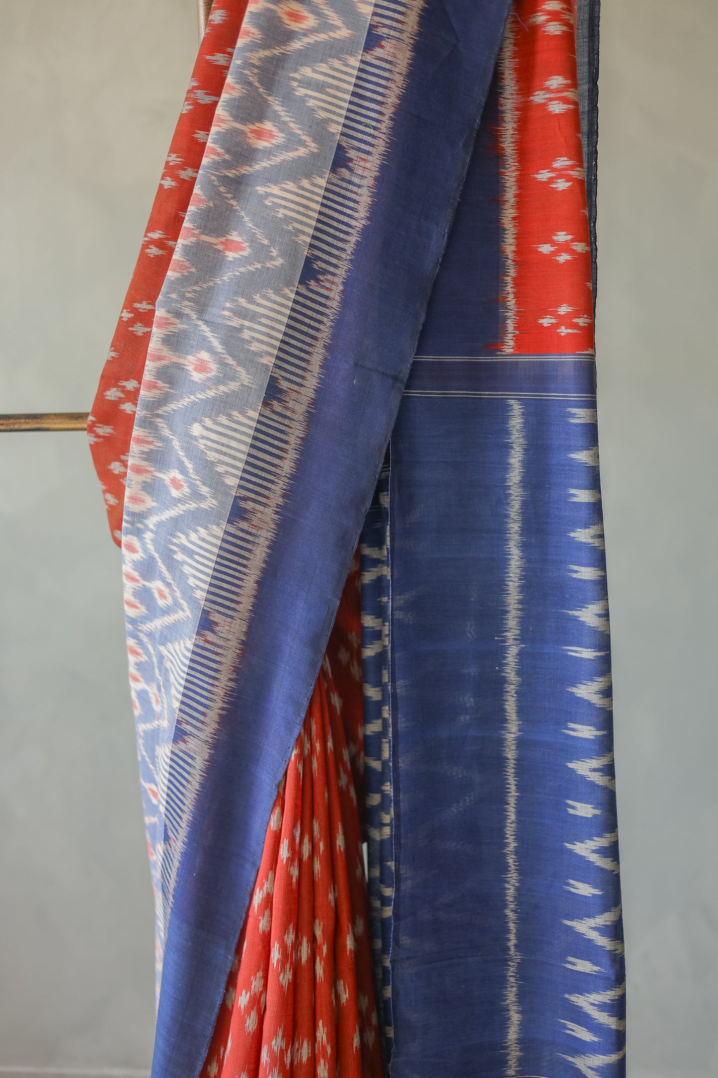 Orange and Blue Ikat Cotton with Blue Border Saree