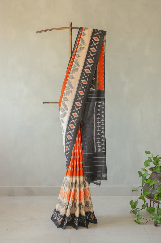 Orange and White Ikat Cotton with Black Border Saree