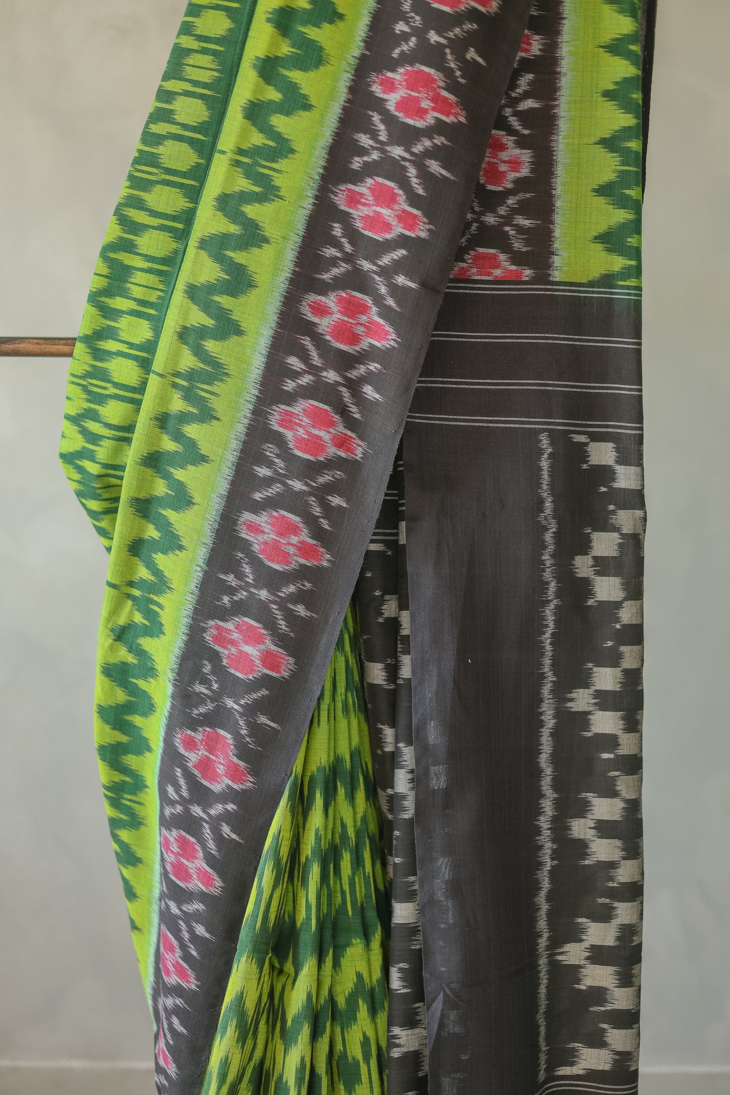 Green Ikat Cotton with Black Border Saree
