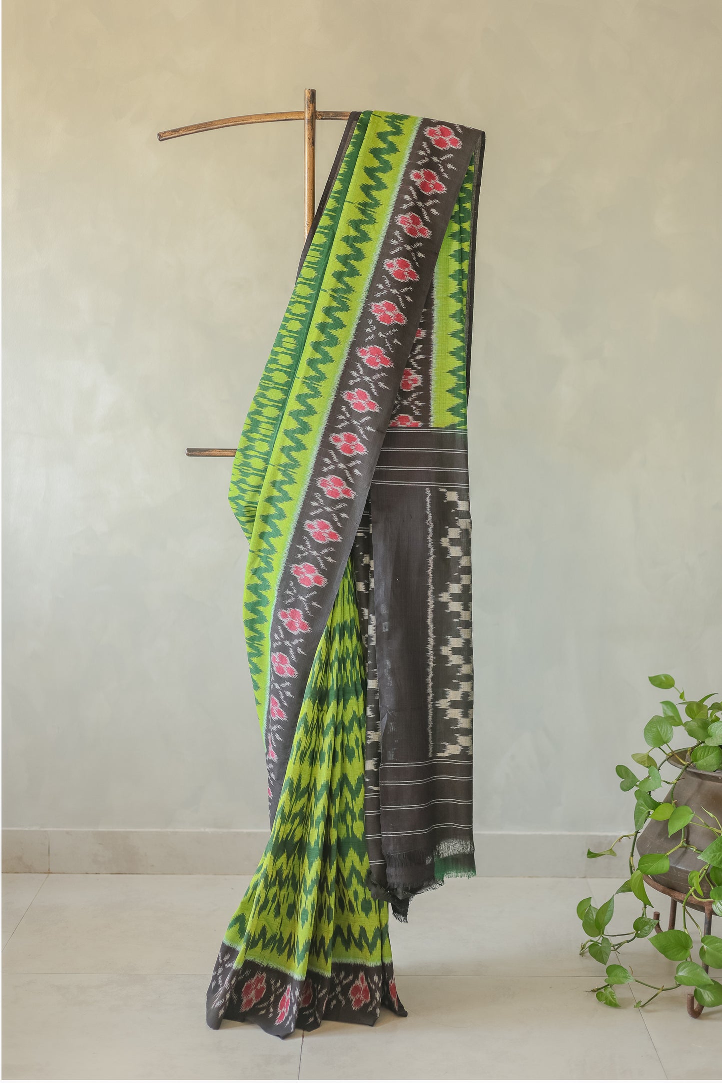 Green Ikat Cotton with Black Border Saree