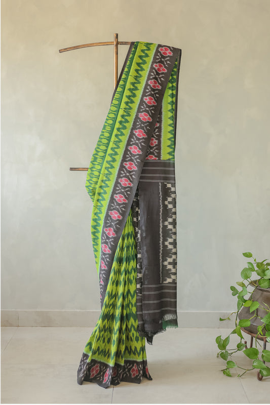 Green Ikat Cotton with Black Border Saree