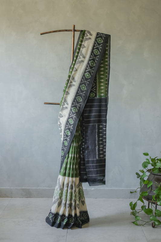 Off White Ikat Cotton with Black Border Saree