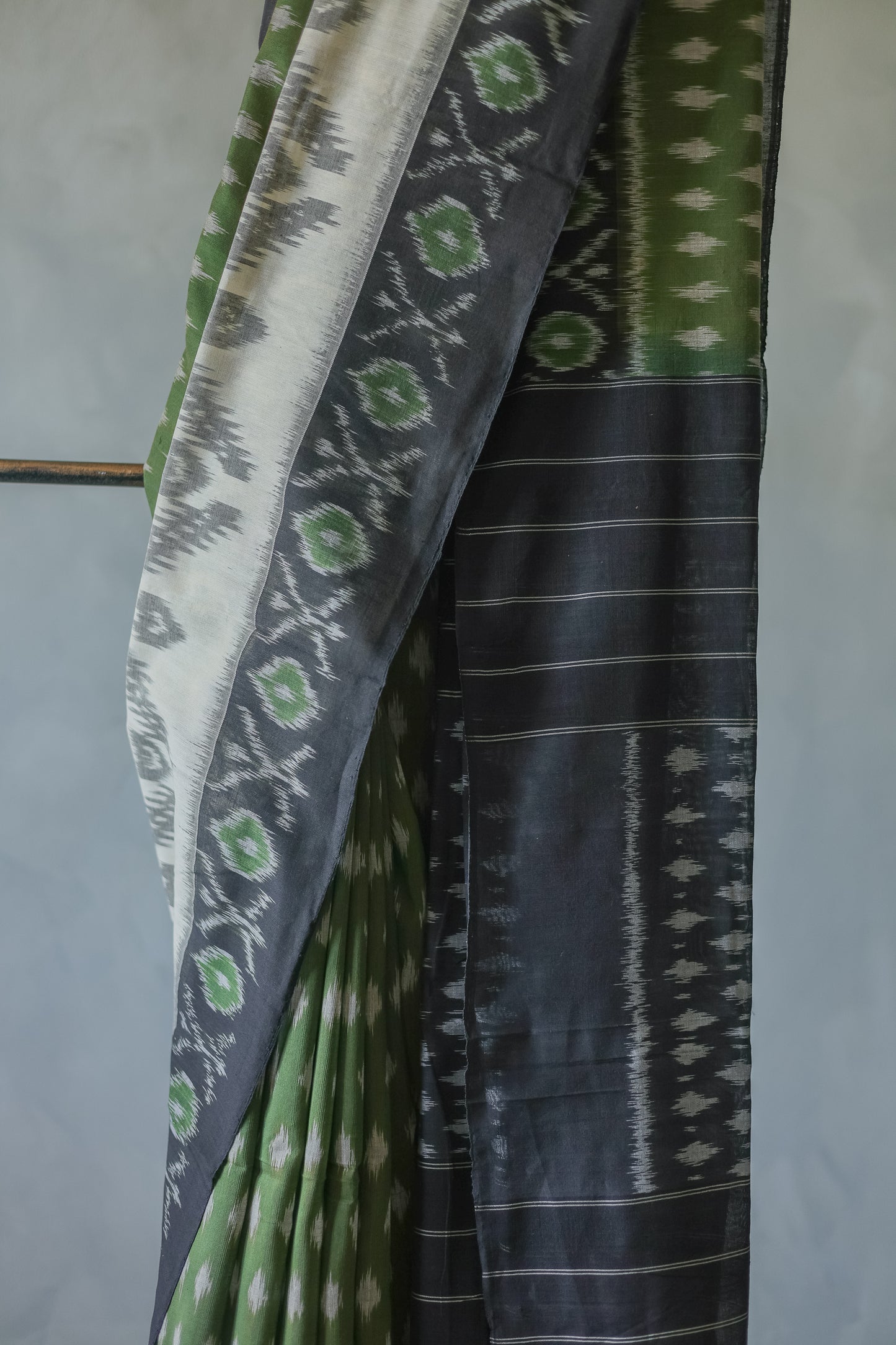 Off White Ikat Cotton with Black Border Saree
