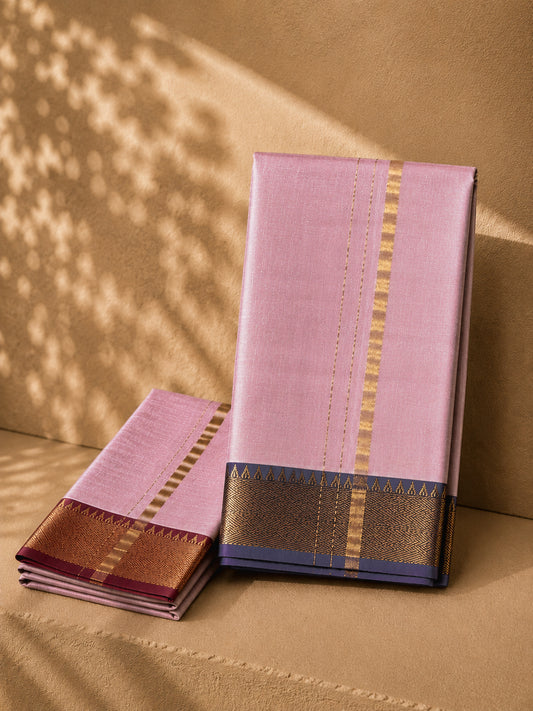Dusty pink Mangalagiri Silk Cotton Veshti Set with Royal Blue and Red Gold Zari Border