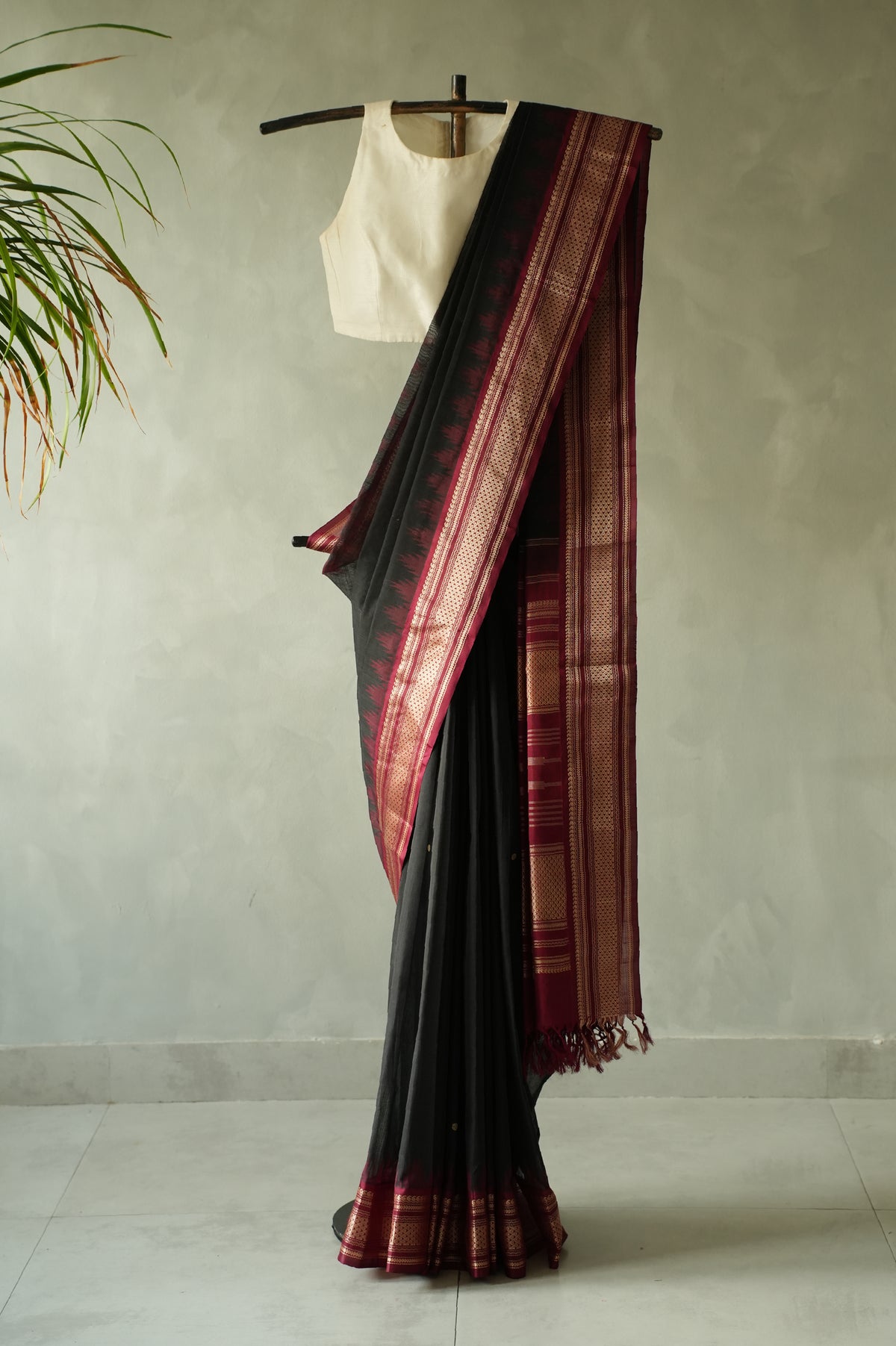 Jet Black Kanchi Cotton with Maroon Border Saree