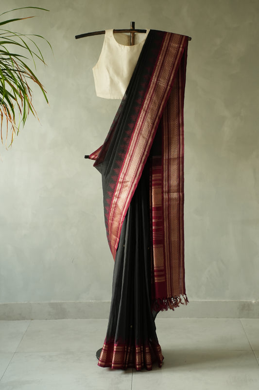Jet Black Kanchi Cotton with Maroon Border Saree