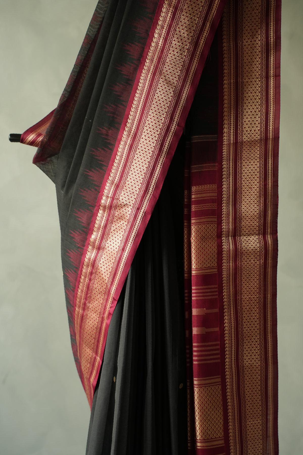 Jet Black Kanchi Cotton with Maroon Border Saree