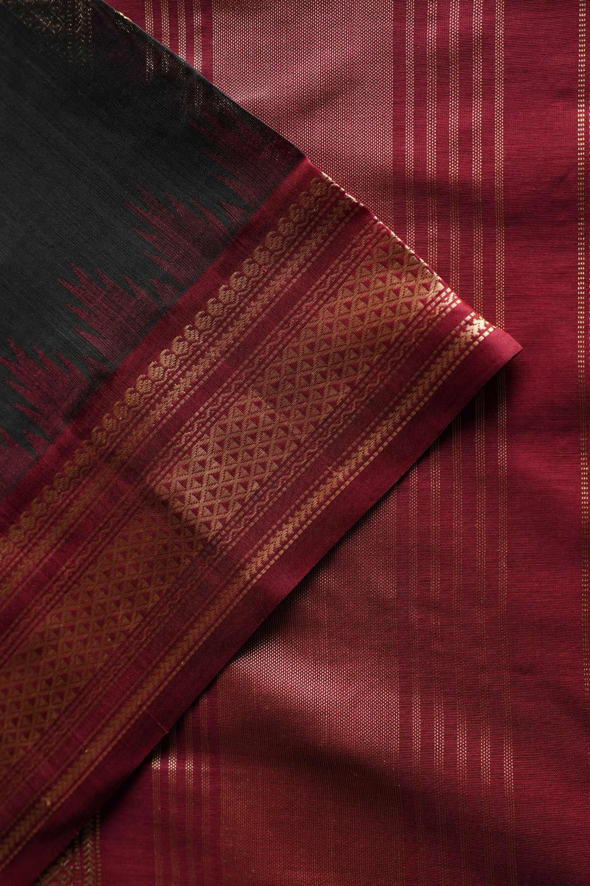 Jet Black Kanchi Cotton with Maroon Border Saree