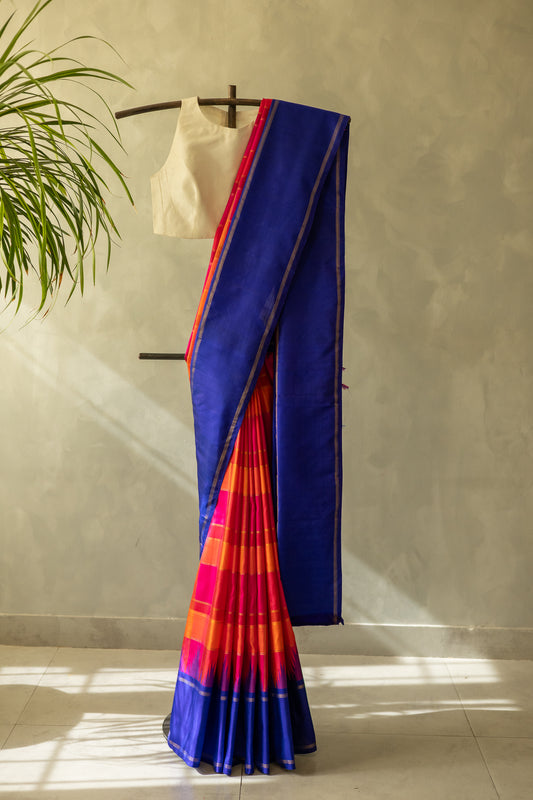 Pink and Orange Big Checks Kanjivaram Silk with Blue Pallu Saree