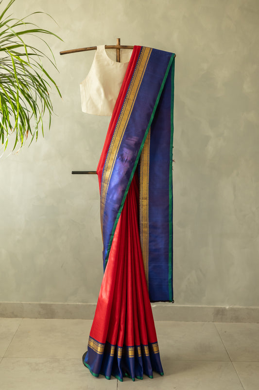Red Checks Kanjivaram Silk with Blue Pallu Saree