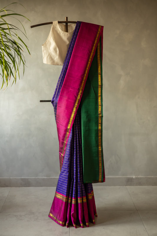 Violet Checks Kanjivaram Silk with Dark Pink Pallu